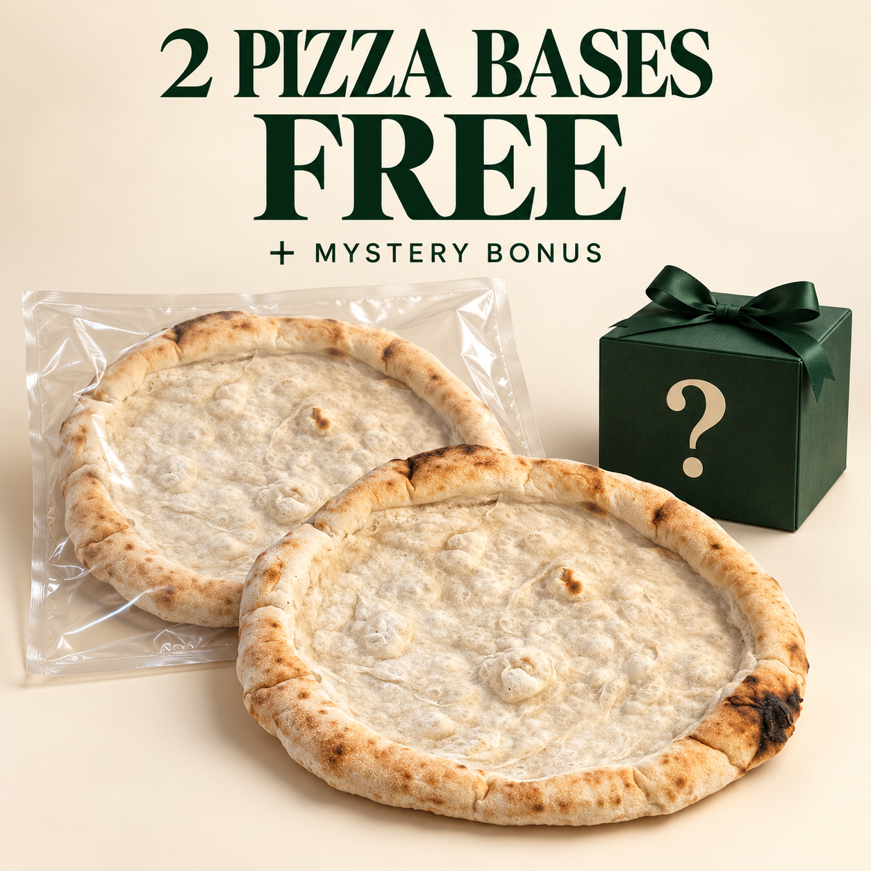 Illustration of the welcome pack: two free artisan pizza bases, one wrapped and one unwrapped, plus a mystery bonus